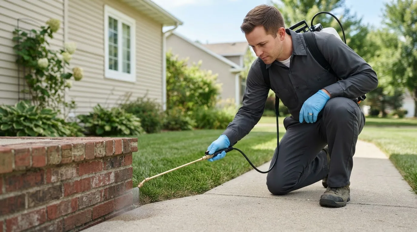 Pest control technician treating a home near Carleton, NE