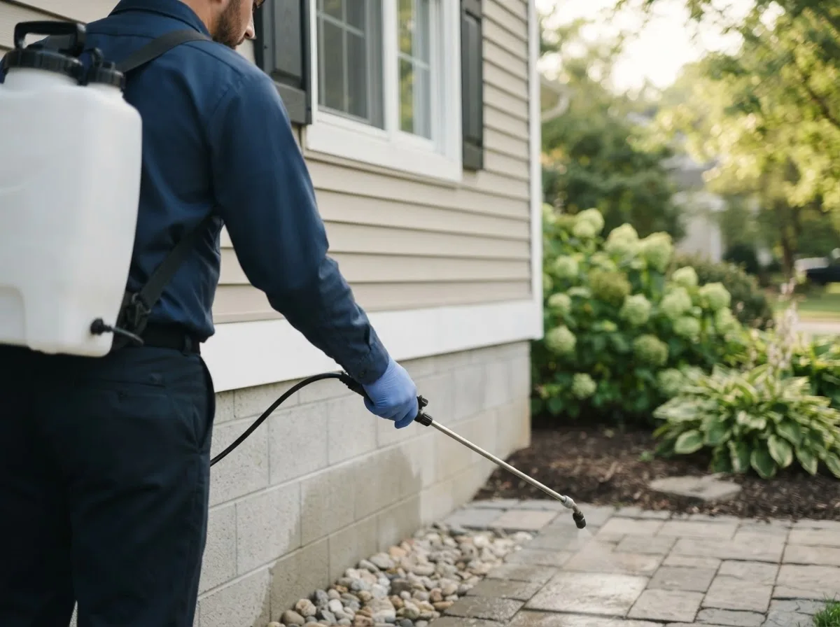 Pest control technician inspecting a home in Carleton, NE